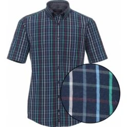 Casa Moda Mens Big Size Casual Fit Seersucker Check Button Down Collar Short Sleeve Shirt