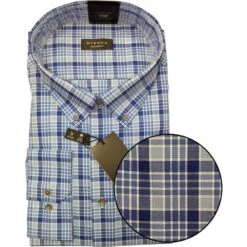Eterna Mens Big Size Cotton Comfort Fit Button Down Collar Blue Check Long Sleeve Formal Shirt